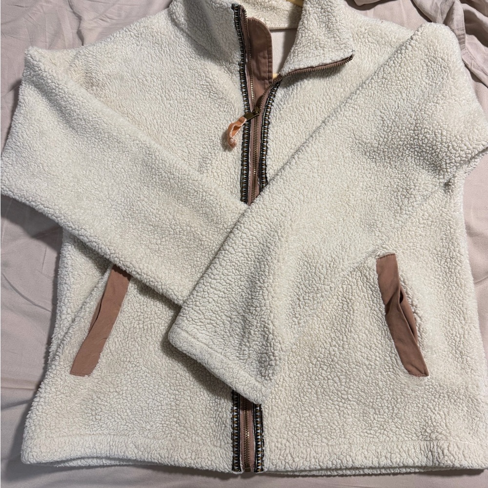 Cozy Cream Sherpa Zip-Up with Tan Trim